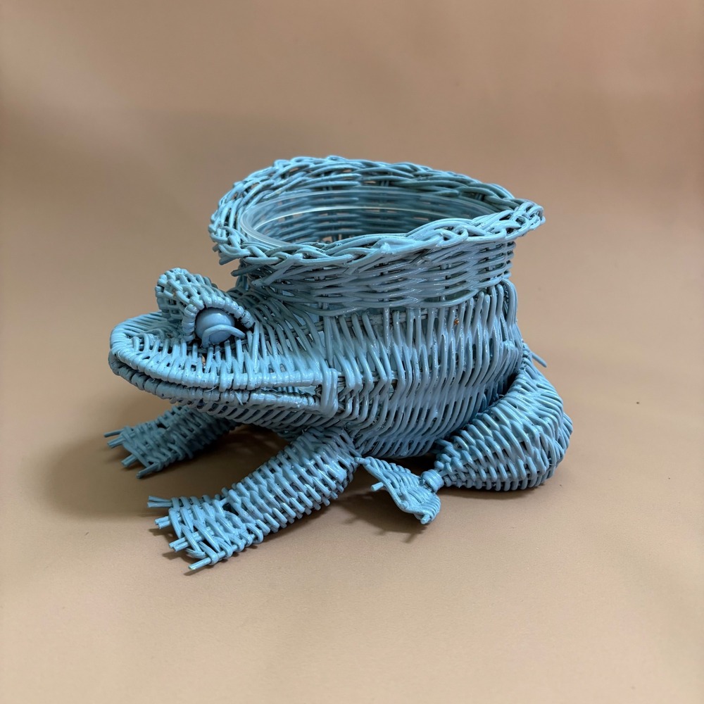 Vintage Blue Wicker Frog Planter Plastic  Liner Boho Basket Decor Cottagecore